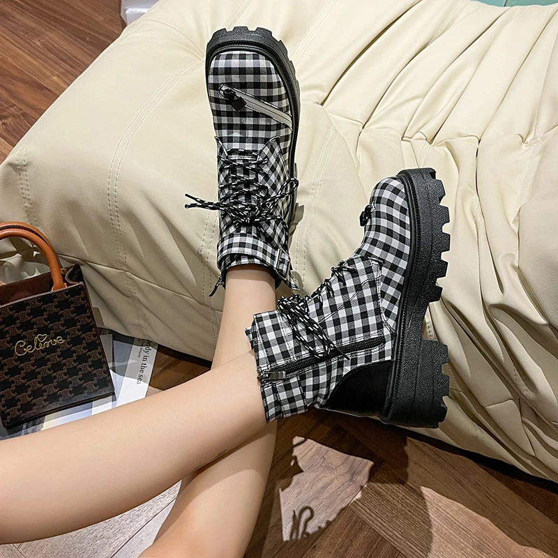 2021 Winter Fashion Women's Boots Lace-up Mid-heel Round Toe Women's Boots Plaid Square Heels Fashion Women's Shoes Botas Muje