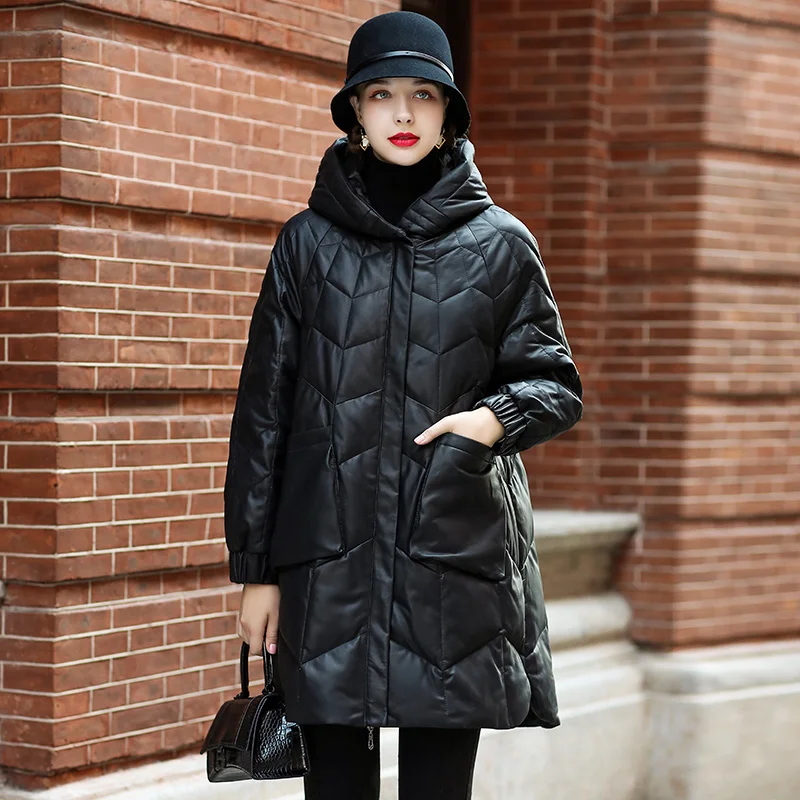 

Winter Haining Genuine Leather Clothes Mid-Length Sheepskin down Jacket Coat White Duck down Hooded