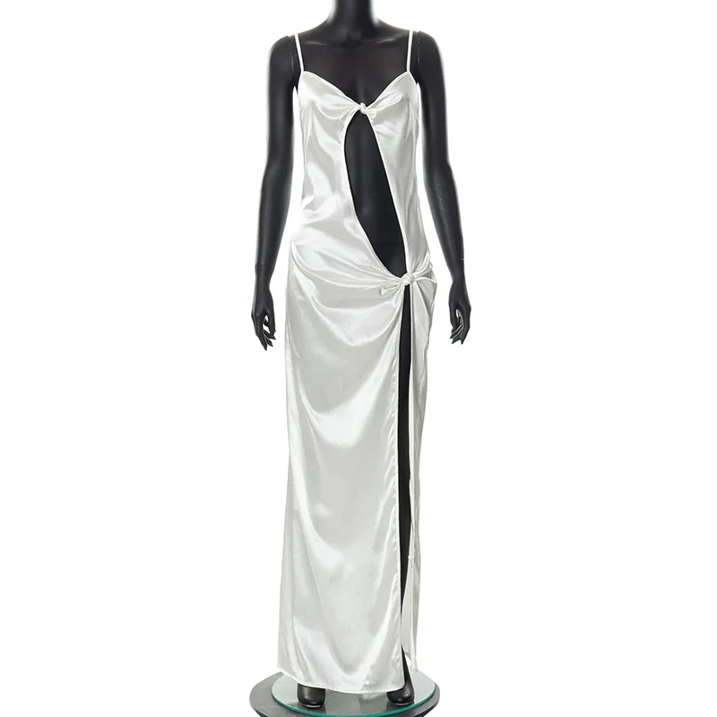 

Women Solid Color Cutout Hollow Out Sleeveless Deep V Neck Summer Party Club Backless Long Party High Split Dress