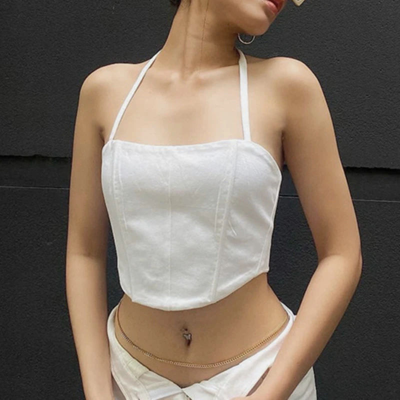 

Y2k Women Crop Tops Halterneck Slim Fit Solid Color Sleeveless Backless Bandage Tank Top Fashion Summer Camis Femme Clothing