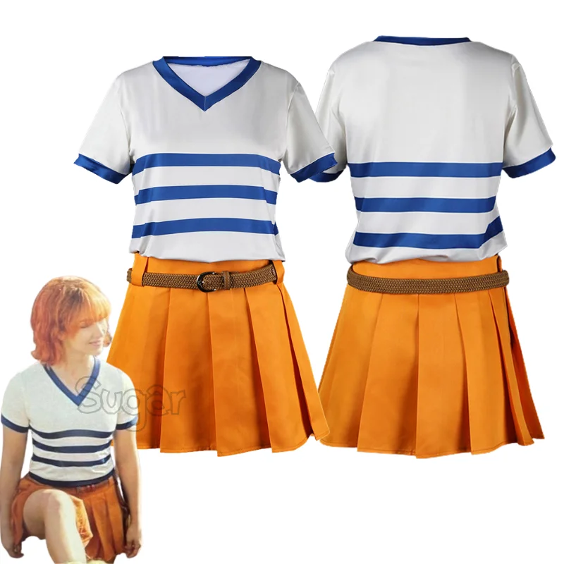 

Костюм для косплея нами из аниме One Piece женская футболка юбка пояс для ролевых игр наряды на Хэллоуин Карнавал искусственная кожа маскировочный костюм