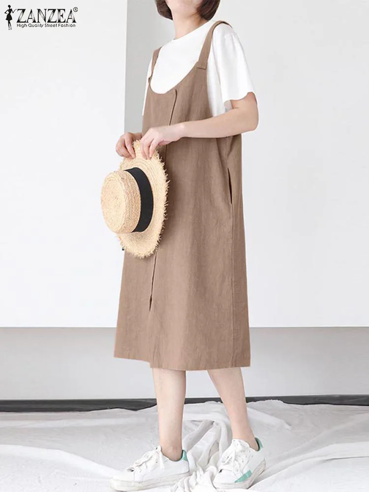 

ZANZEA Women U-neck Sundress Casual Pockets Suspender Dress Fashion 2023 Summer Overall Dress Cotton Holiday Sleeveless Vestido