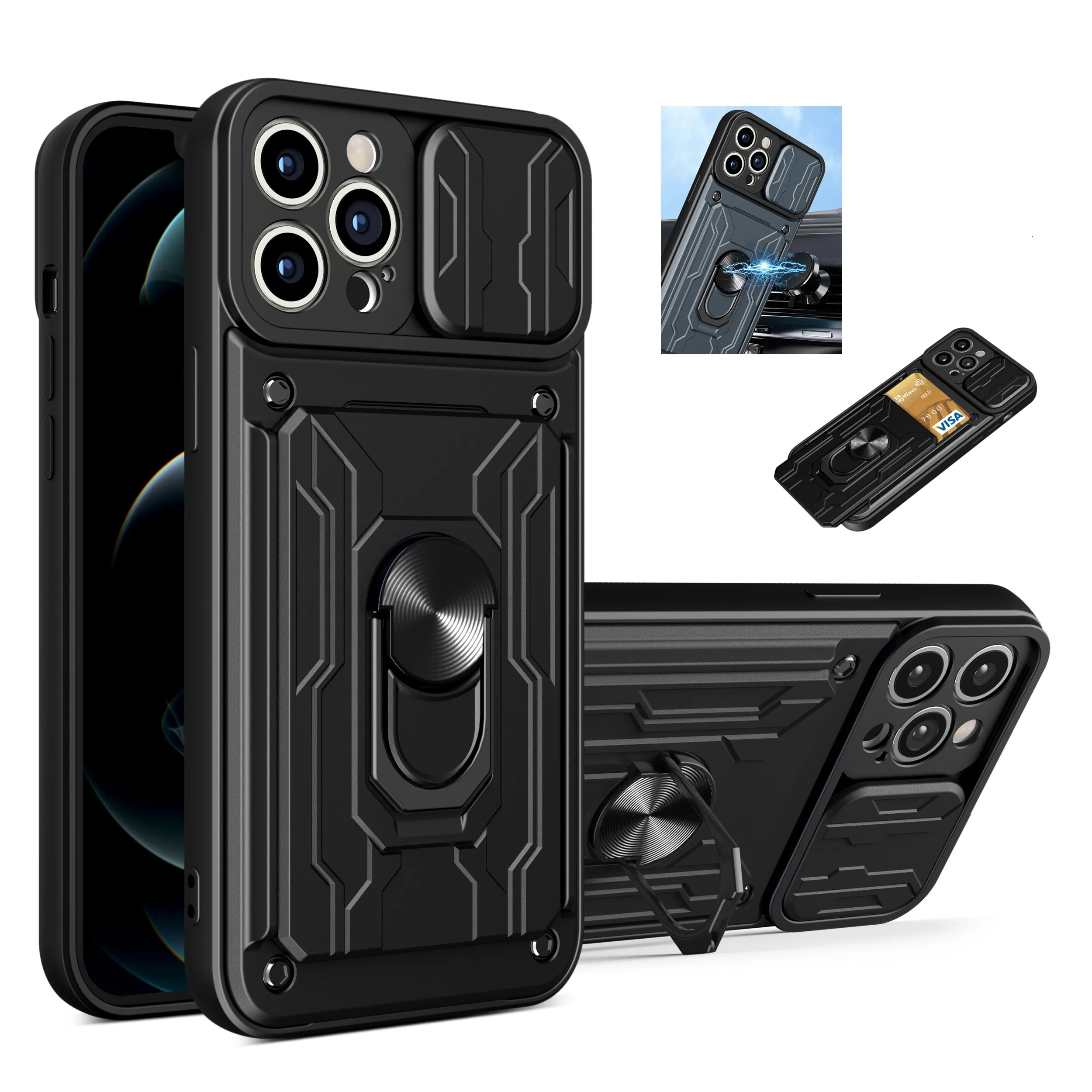 

Armor Case for iPhone 14 13 Pro Max 11 12 XR XS 7 8 6 Plus SE2020 Removable Card Holder Cover Ring Stand Camera Protect Magnetic