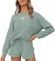 two piece set womens waffle knit long sleeve top and shorts pullover nightwear lounge pajama set with pockets summer