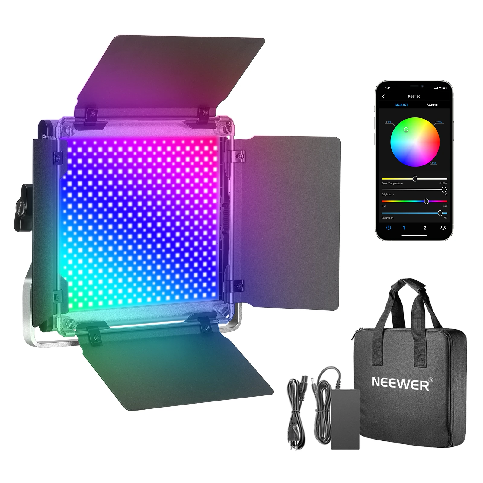

Neewer 480 RGB Светодиодный светильник с управлением через приложение, 480 SMD Led s CRI95/0-360 регулируемые цвета с ЖК-экраном/U-образным кронштейном для ф...
