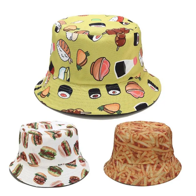 

Women Men Double Sided Reversible Bucket Hat Cartoon Sushi Hamburger French Fries Food 3D Digital Print Wide Brim Packable Cap