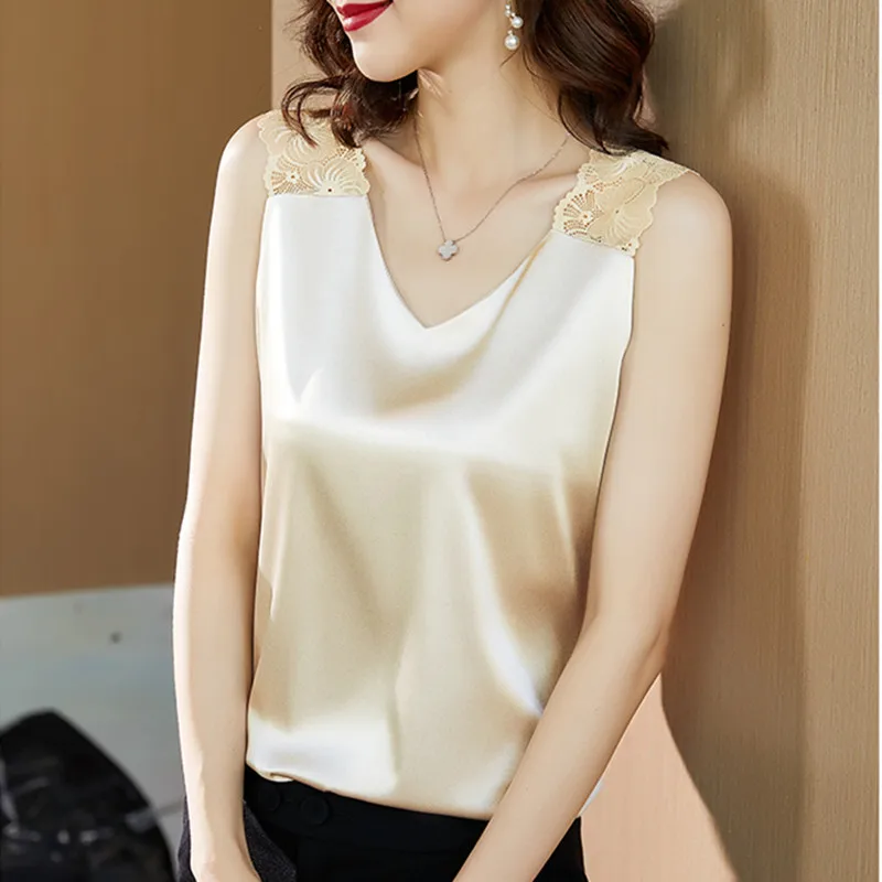Silk Women Tops Woman Satin Blouses Shirts Sexy Women Silk Lace Blouse Elastic Shirts Woman Satin V-neck Shirt Ladies Tops  5XL