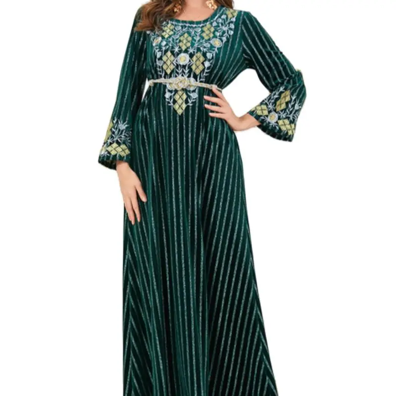 

Morocco Abaya's Velvet Embroidery O-Neck Long Sleeve Maxi Dress Belted Kaftan Muslim Oman Qatar Turkey Prom Dresses Ramadan