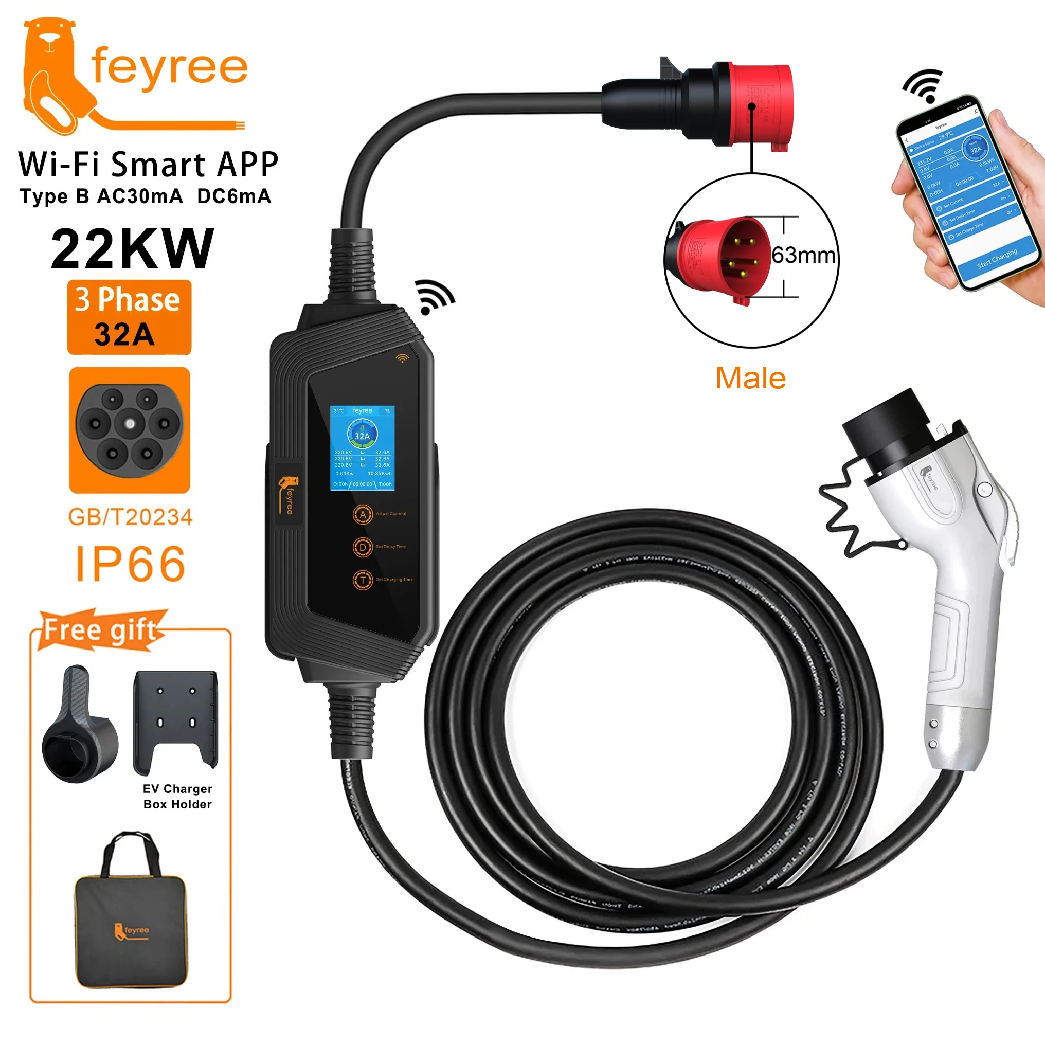 

Feyree Портативное зарядное устройство для электромобилей GBT Plug 22KW 32A 3-фазное зарядное устройство EVSE с быстрой зарядкой Wi-Fi Smart APP Control для автомобильного зарядного устройства электромобиля