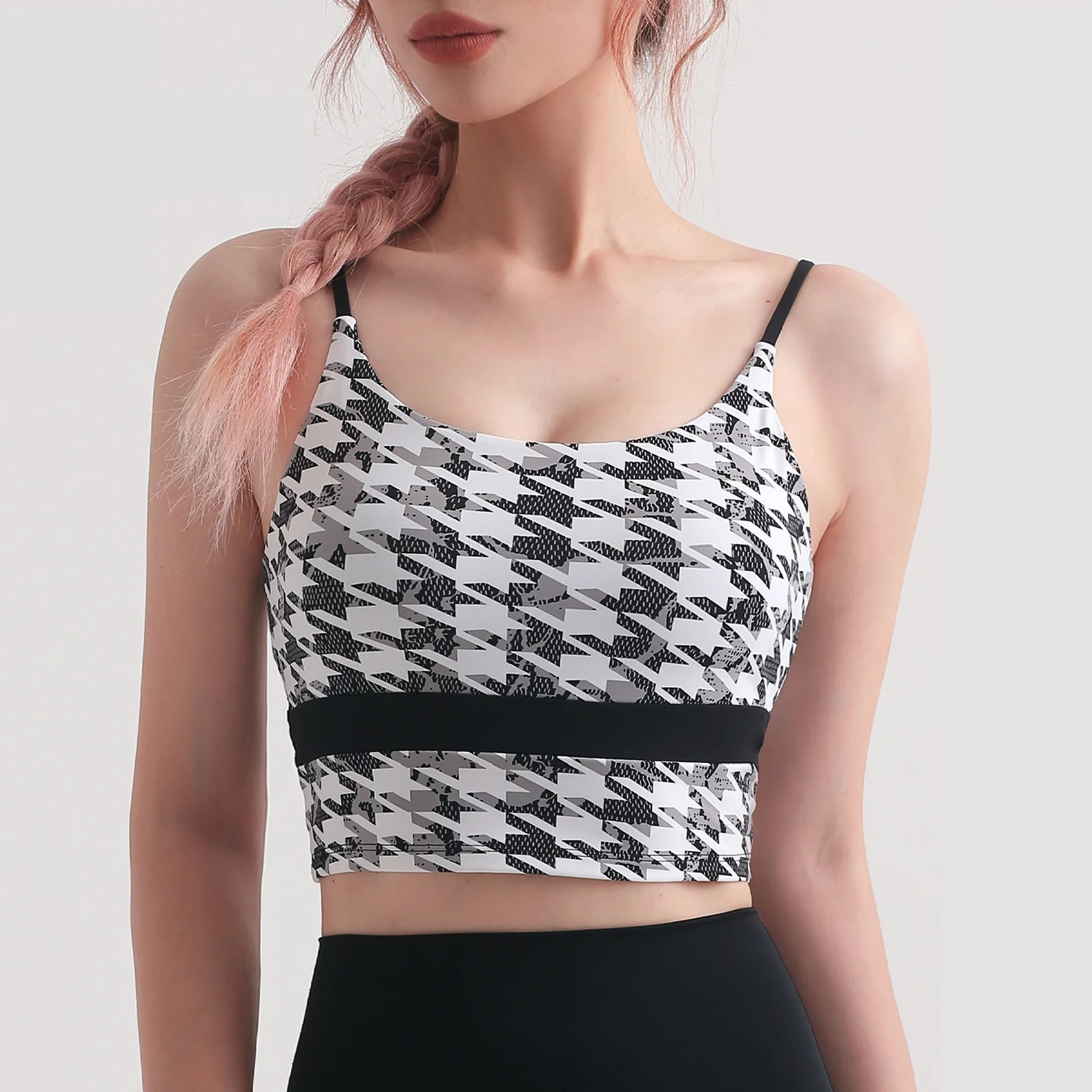 

Houndstooth Luluwomen Sexy Yoga Bra Top Gym Sports Bra Fashion Plaid Vest Outer Wear Corset Stitching Gather Soft And Breathable