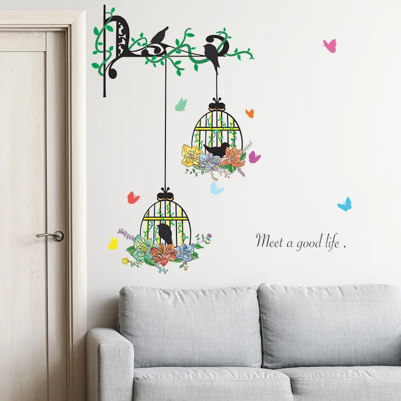 Цветочный кластер клетка для птиц Настенная Наклейка гостиной спальни фон