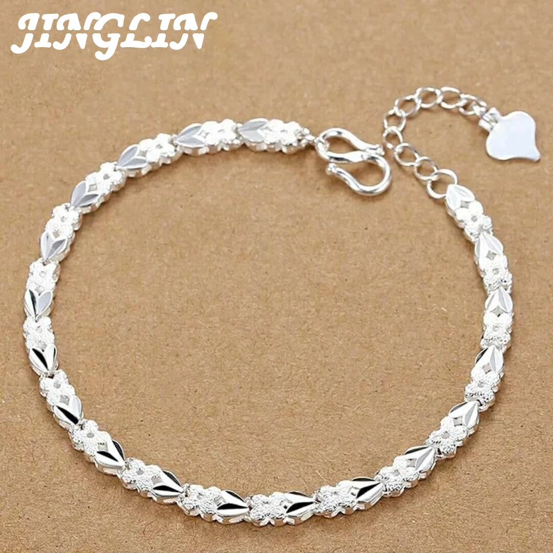 

JINGLIN 925 Sterling Silver Bracelets Heart Leaf For Women Wedding Lady Noble Pretty Jewelry Fashion Nice Chain 20cm 8inch
