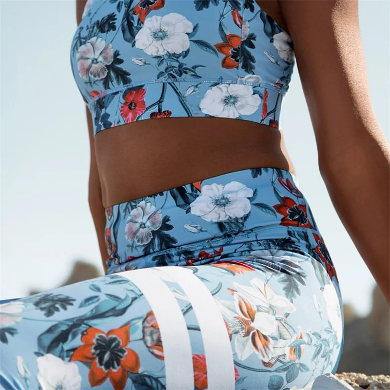 

Floral Sports Set Women's Track Suit Sleeveless Crop Top Tight High Waist Leggings Fitness Sets Yoga Running Female Clothing