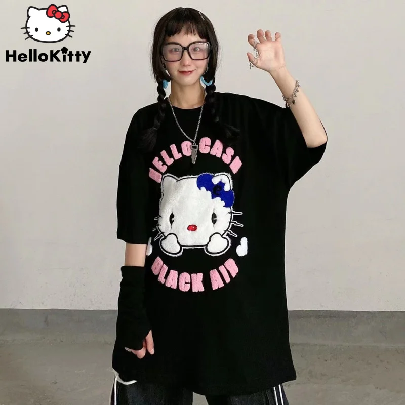 Sanrio-ropa bordada de Hello Kitty para mujer, camiseta Harajuku de manga corta de estética coreana, camisetas holgadas Y2k