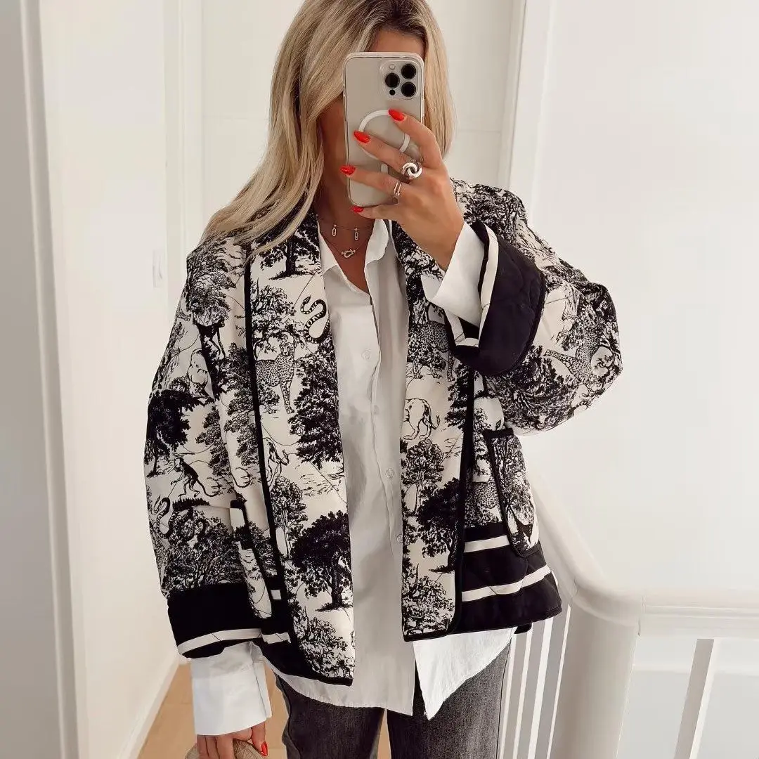 

Winter New Fashion Woman Padded Coat Warm Cardigan Streetwear Women Print Quilted Jacket Cotton Loose Lapel Pockets Coat