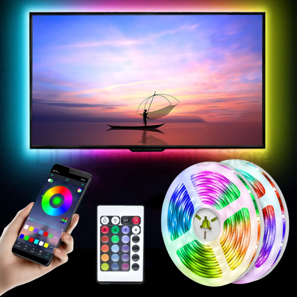 

Светодиодная лента, 5050 RGB, Bluetooth, пульт дистанционного управления, 5 в постоянного тока, USB, гибкая лампа, подсветка для телевизора, светодиодн...