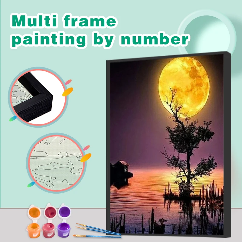 

CHENISTORY Oil Painting By Numbers Lake Tree Moon Scenery Kit Drawing On Canvas Wall Art Diy Multi Aluminium Frame Gift Home Dec
