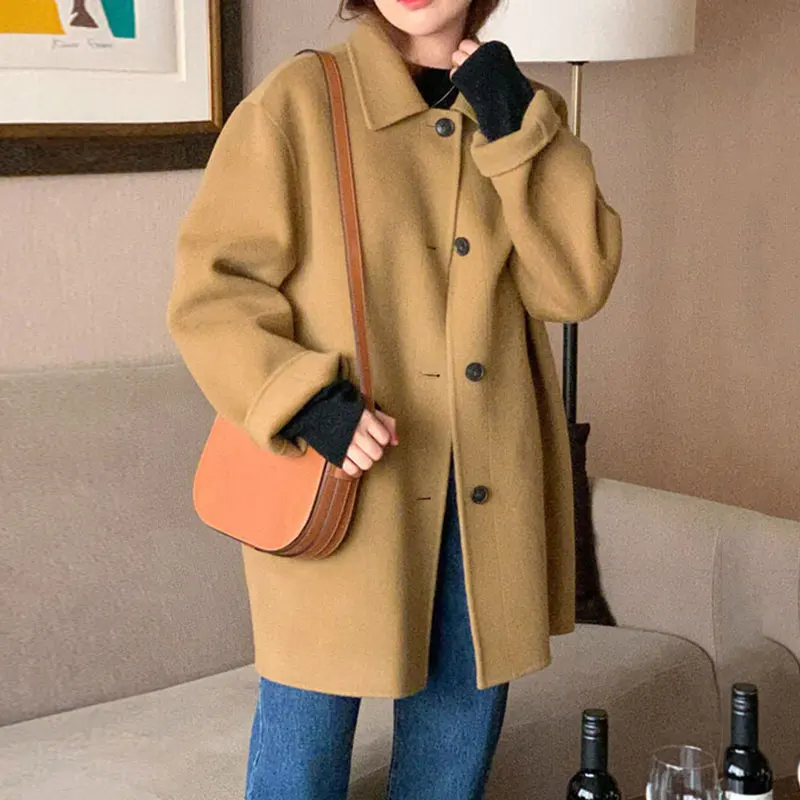 

Coats for Women Korean Fashion Casual Single-breasted Loose Blends Female Turn Down Collar Long Sleeve Top Woman Dropshipping