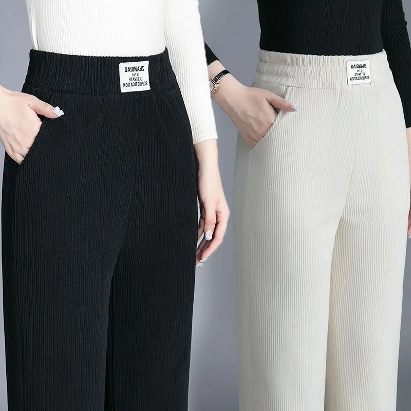 Autumn Winter Corduroy Thicken Loose Wide Leg Pants Solid All-match Fashion Elastic Waist Women Casual Long Straight Trouse