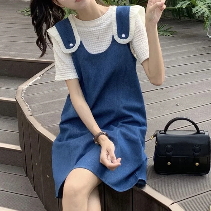 

Denim Strap Skirt Summer 2022 New French Design Feeling Ruffle Stitching Foreign Style Overlay Dress Elegant Women