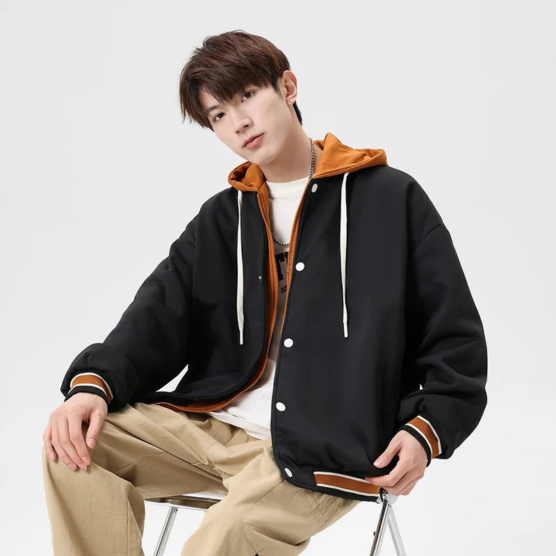

Hooded Men's Spring Autumn Casual Jacket Fake Two Piece Design Trendy Loose Baseball Jacket Fleece Liner Streetwear Clothing
