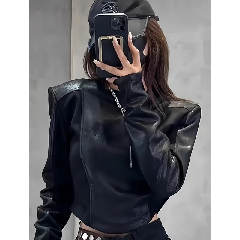 Ретро мотоциклетная женская футболка с длинным рукавом Y2K лоскутный дизайн