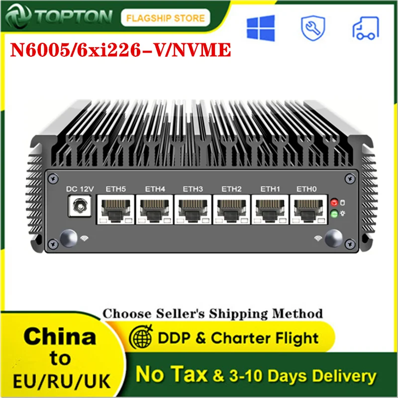 

2023 2.5G 6 LAN Soft Router Pentium N6005 Celeron N5105 Intel i226-V 2500M 2*DDR4 NVMe SSD Industrial Fanless Mini PC RS232 COM