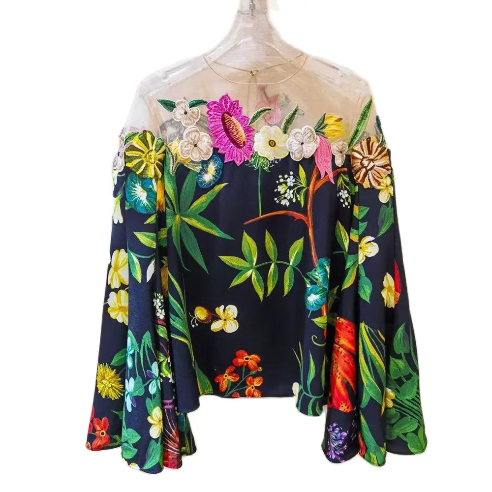 

2023 Top Quality Summer New silk Flower Top Pure Hand Embroidered Flower Shirt
