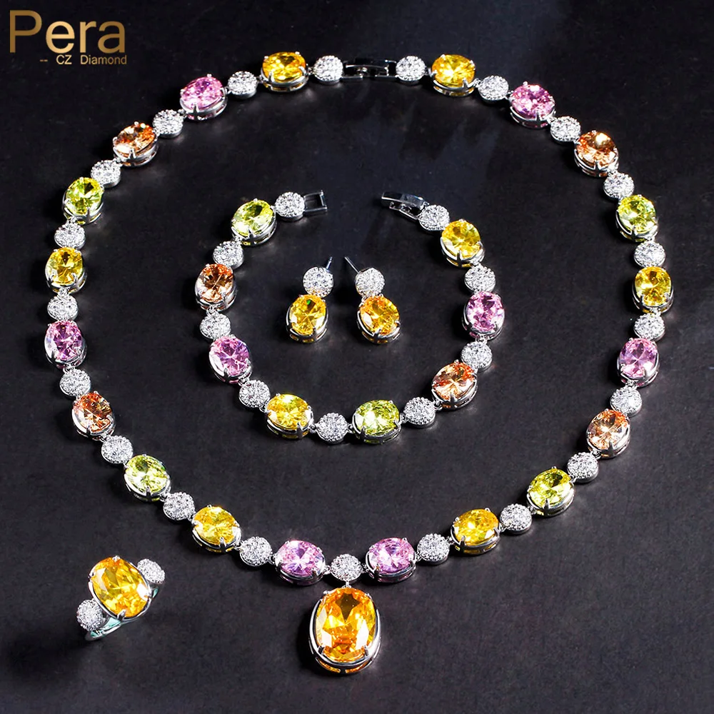Pera Marvellous 4Pcs Bridal Wedding Sets Multicolor CZ Stone Drop Earrings Necklace Ring Bracelets Party Jewelry for Women J518