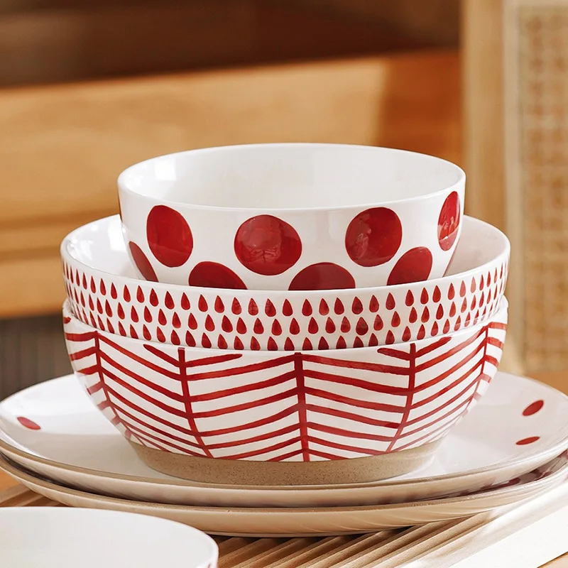 

Керамическая чаша, большая Бытовая чаша для супа, лапши, чаша для риса, оригинальная красная чаша с ручной росписью в японском стиле