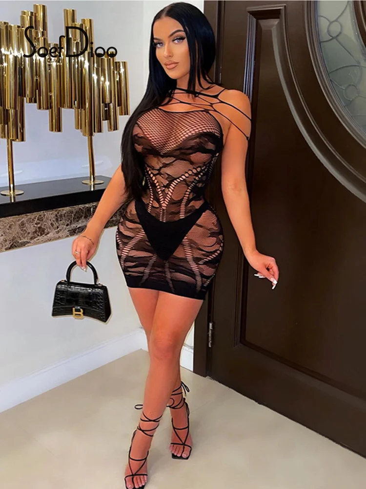 

Soefdioo Solid Color Slash Neck Hollow Out See Through Dress for Women 2022 Summer Night Club Wear Sexy Backless Mini Dresses
