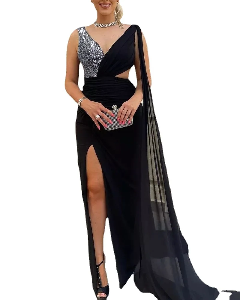 Women Sexy Sequined Prom Evening DressDeep V-neck Sleeveless Backless Party Dress Elegant High Split Patchwork Formal Dresses