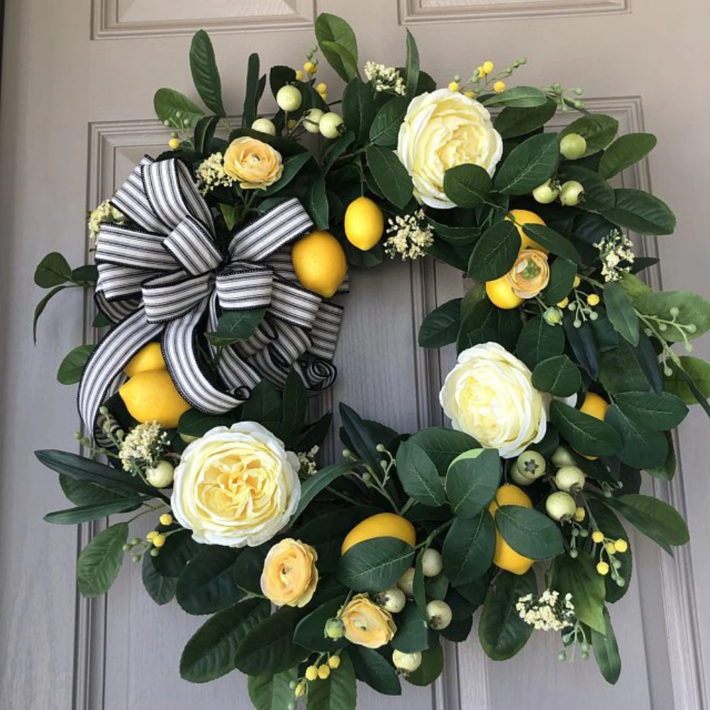 

45cm Yellow Lemon Wreath with Weaving Plant Artificial Rose Decoration Simulation Leaves Front Door Hanging Garland for Wedding