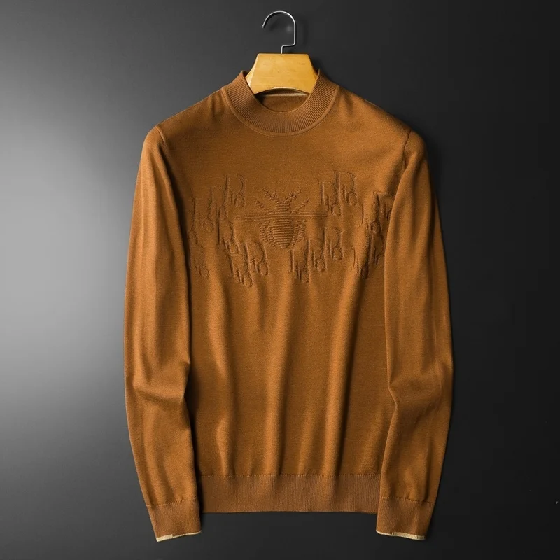 

2024 Fall Solid Jacquard Pattern Men Long Sleeve Slim Printing Pullover Sweater Social Dress Shirt Streetwear Clothing 5XL