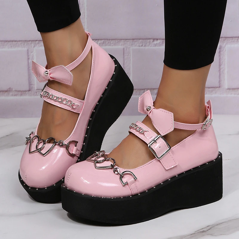 

Lolita Women Shoes Heart Metal Chain Platform Shoes Hasp Bow Maid Cosplay Pumps Wedge Cute Sweet Pink Sandals Zapatos Para Mujer