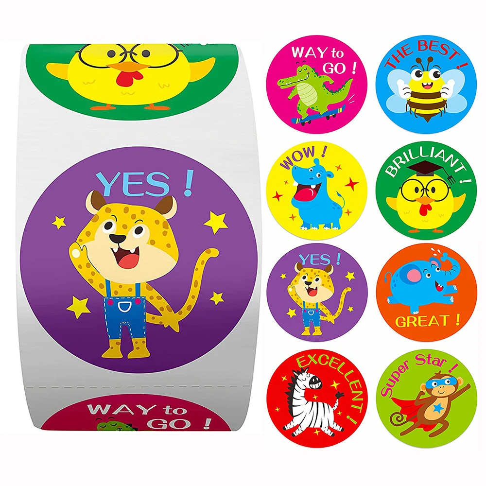 

50-500pcs 1inch/2.5cm Animal Good Job Cool Stickers for Envelope Praise Reward Student Work Label Stationery Seal Lable