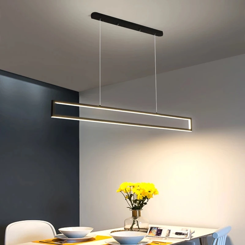 

Modern Pendant Lights LED For Indoor Dining Living Room Kitchen Office Shop Bar Cafe Rectangle Long Strip Black Hanging Lamp