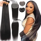 BAHW волосы прозрачные 4x4 кружевные застежки с человеческими волосами пучки бразильские Прямые пряди с застежкой для черных женщин 30 дюймов