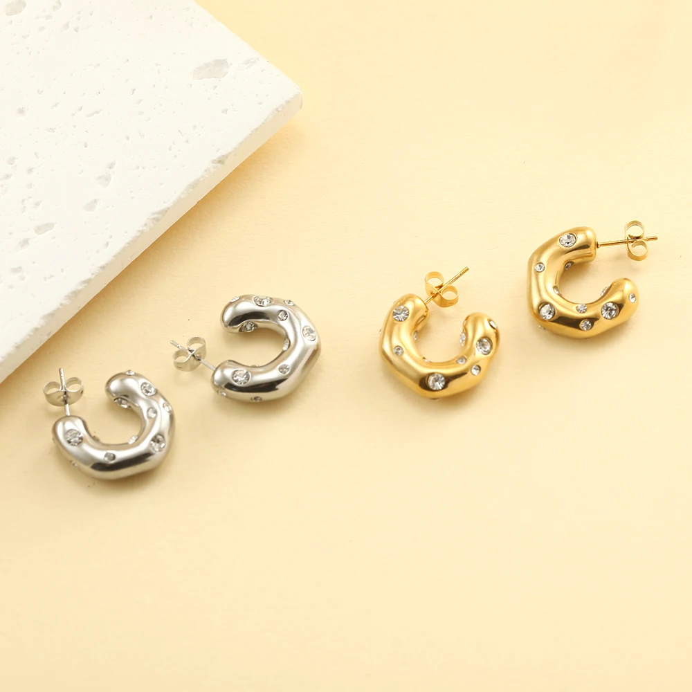 Edelstahl Gold Farbe Silber Farbe Creolen für Frauen C-Form geometrische Ohrringe Inlay Zirkon neu in Koreanisch – Detail 3