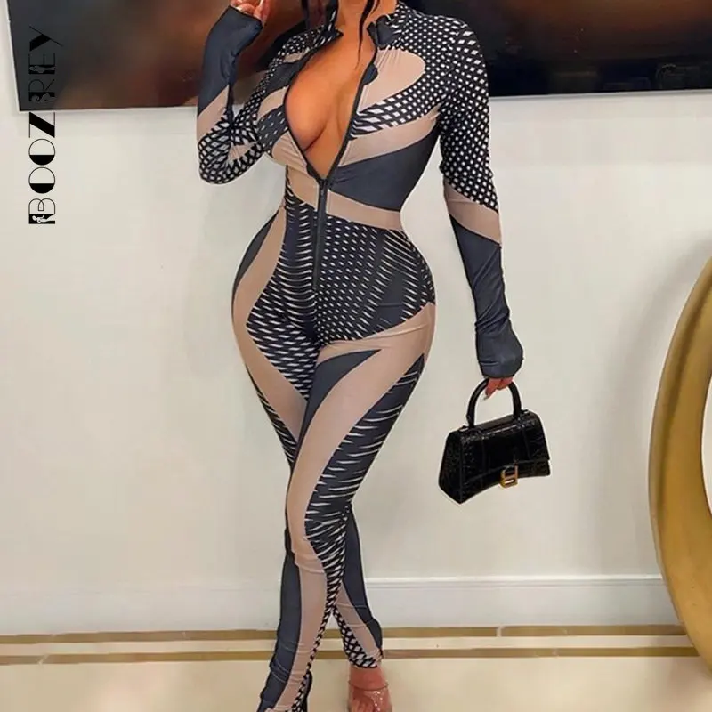 BoozRey Sexy Tight Sports Long Sleeve Bodysuit Women Clothing 2023 New  Fashion Irregular Printing Jumpsuits Inner Wear Bodysuit