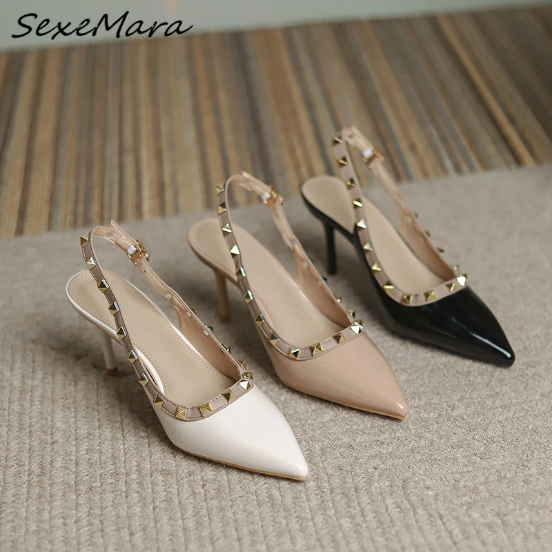 

2023 Women Shoes Sexy Rivet Slingbacks Patent Leather Pointed Toe Luxury Elegant High Heels