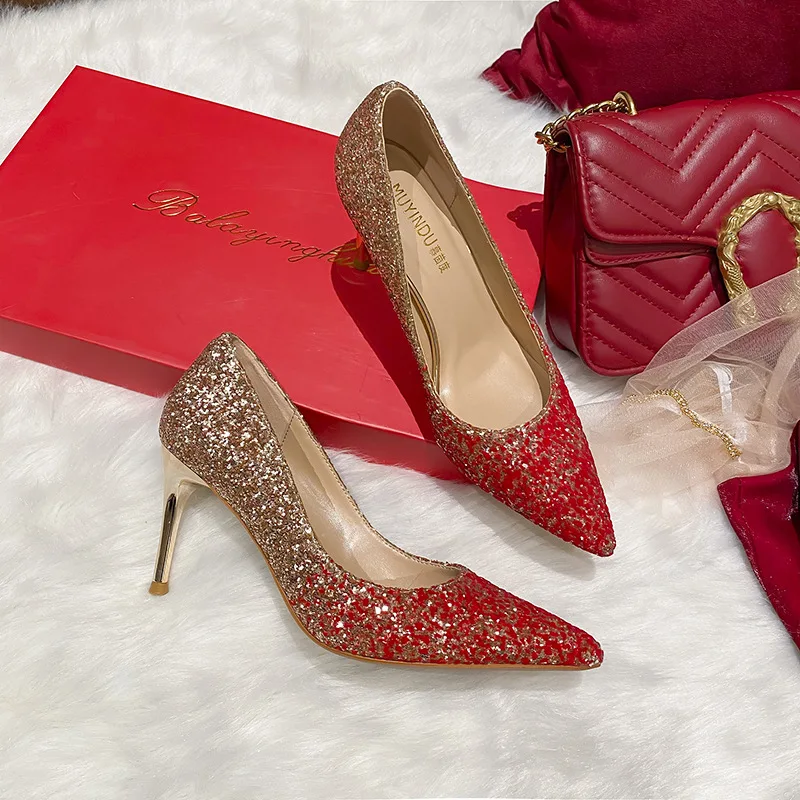 Женские свадебные туфли красные с блестками на высоком тонком каблуке - купить по