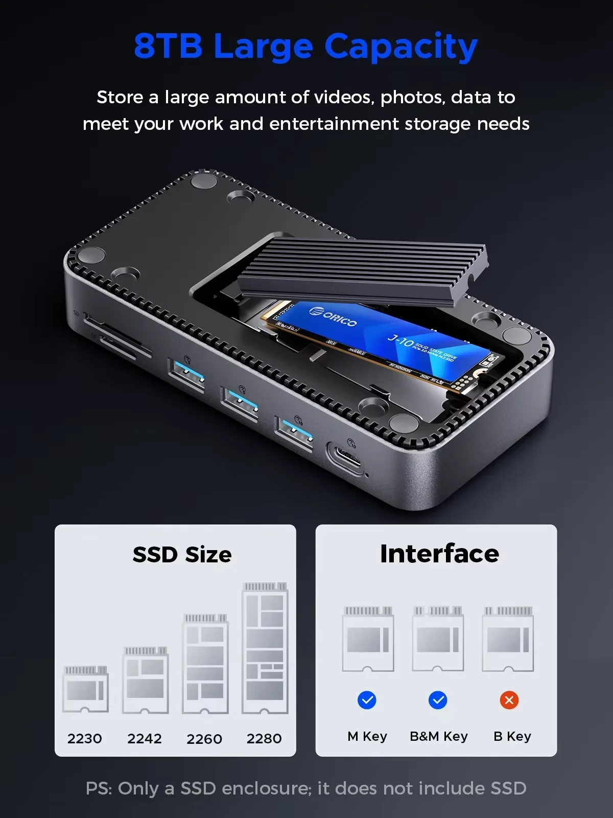 Фото ORICO 10Gbps USB C Display HUB M.2 NVMe SATA SSD Enclosure Dock с охлаждающим вентилятором, внешняя док-станция с HDMI, RJ45, PD100W №3
