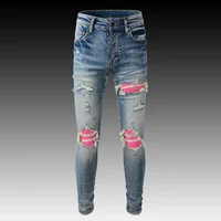 High Street Fashion Men Jeans Retro Light Blue Elastic Slim Fit Destroyed Ripped Jeans Men Patched Designer Brand Hip Hop Pants