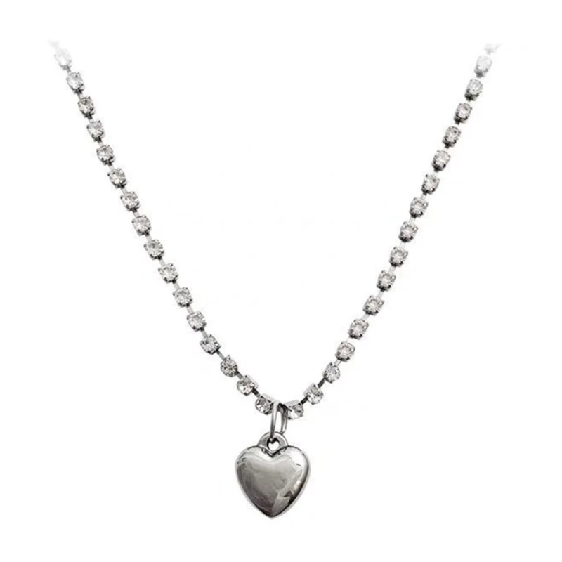 

Simple Chunky Necklace Fashion Silver Heart Choker Necklace for Women Clavicle Chain Jewelry Rhinestone-Chain Necklace 264E