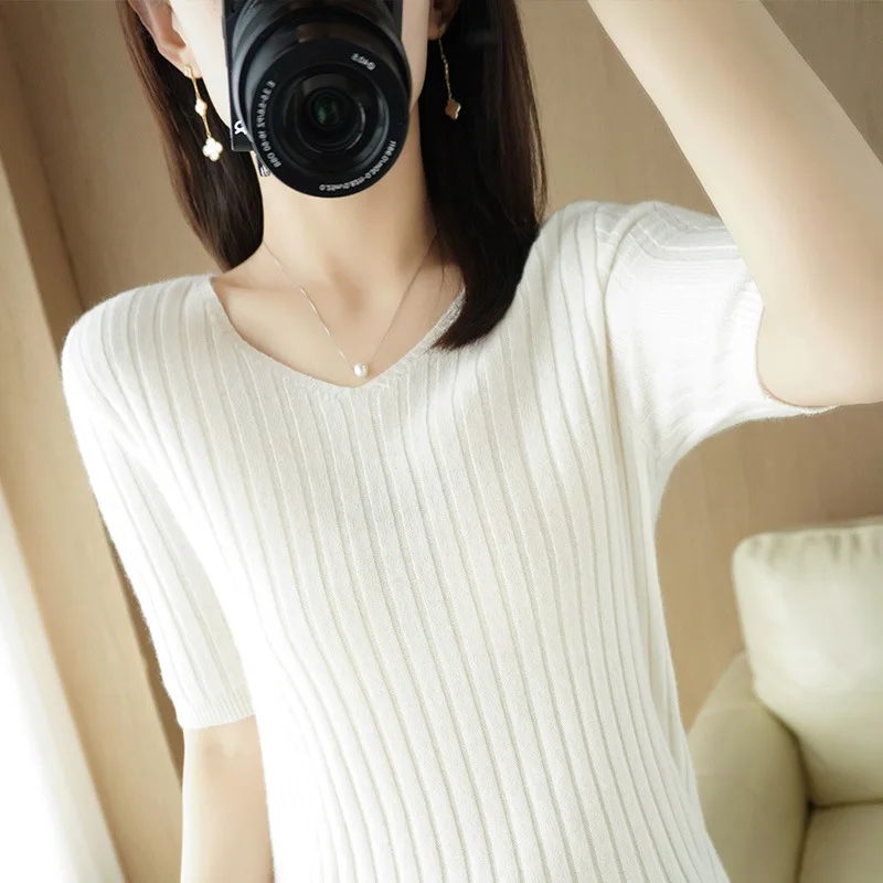 

Summer Solid Color Fashion Top V-Neck Casual Short Sleeves 2022 gray