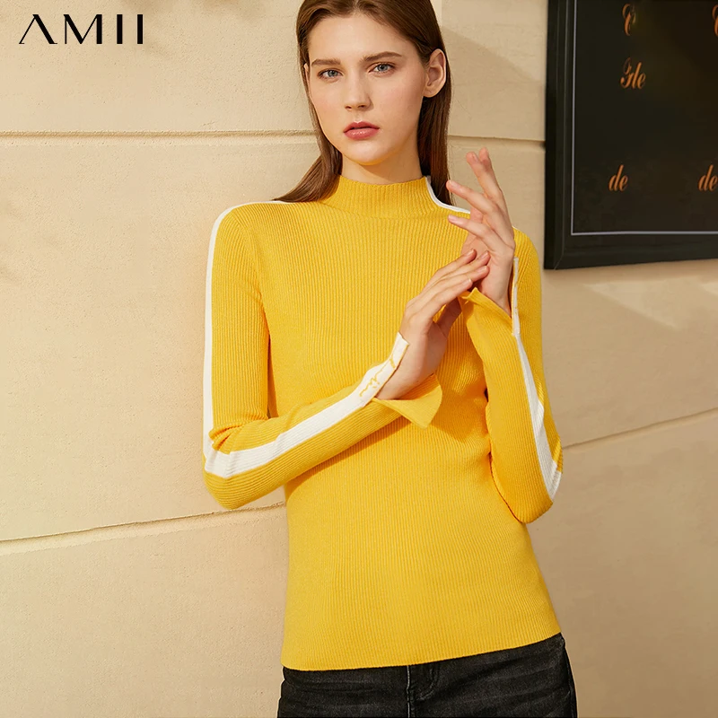 

Минималистский зимний модный свитер Amii для женщин, Повседневный женский свитер с высоким воротником в стиле пэчворк, облегающий пуловер, то...