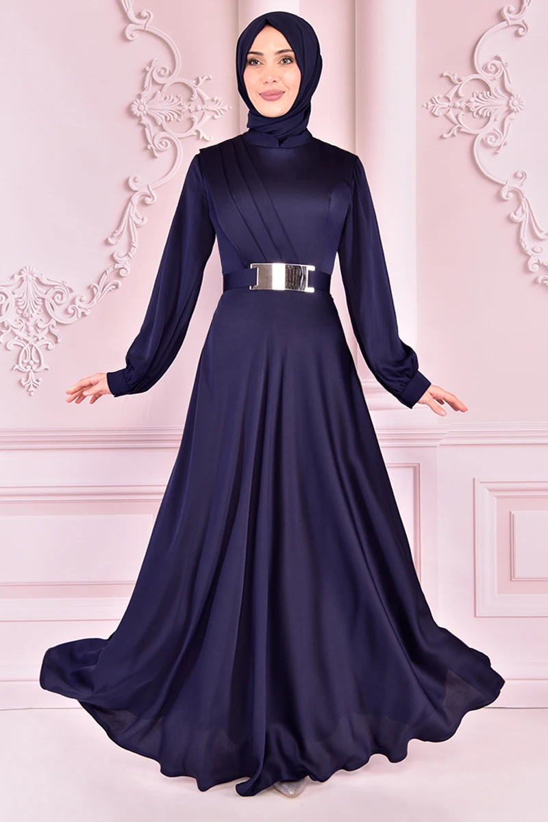 Атласное платье темно-синего цвета с поясом, ev14861