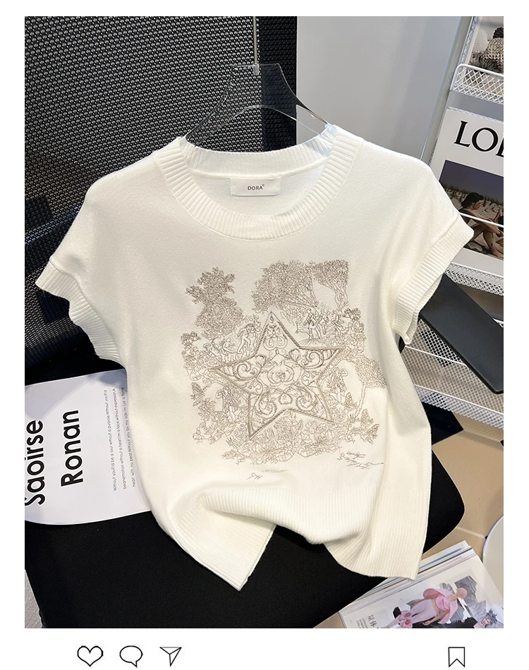 

Summer Embroidery Korean Fashion Knit Sweater Vest Women Vintage Sleeveless Round Neck Pullover Top Ladies Women's Sweaters 2023