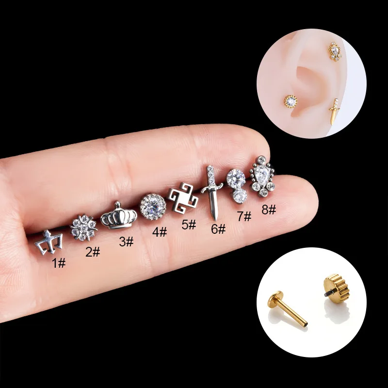 

1PC F136 G23 Titanium Labret Studs Internal Thread Piercing Cartilage Crown Earring Labret Body Jewelry